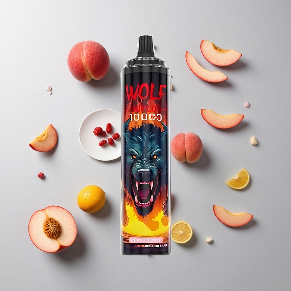Melocotón Baya JNR Wolf Niplo 10000 Caladas con Bobina Mesh 1.0 Ohm y 20ml de Capacidad